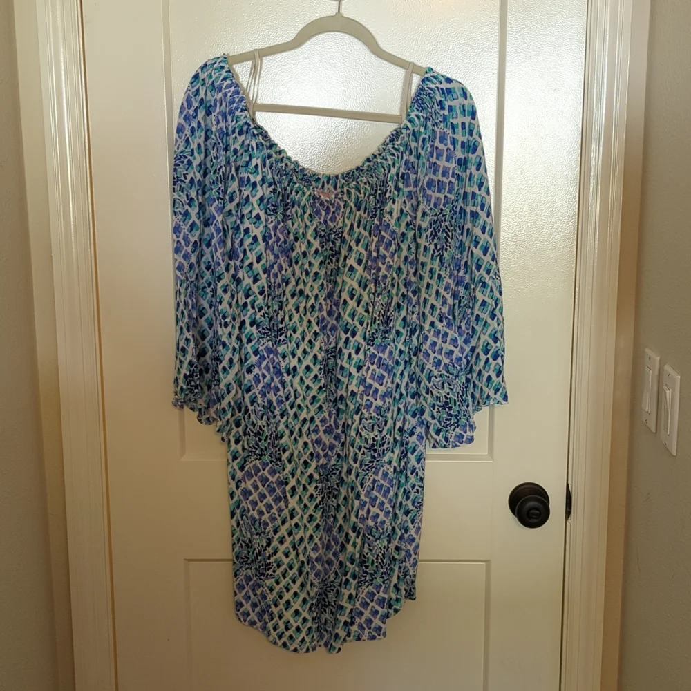 Lilly Pulitzer Strapless Off-Shoulder Blue Green Print Dress - Picture 1 of 3
